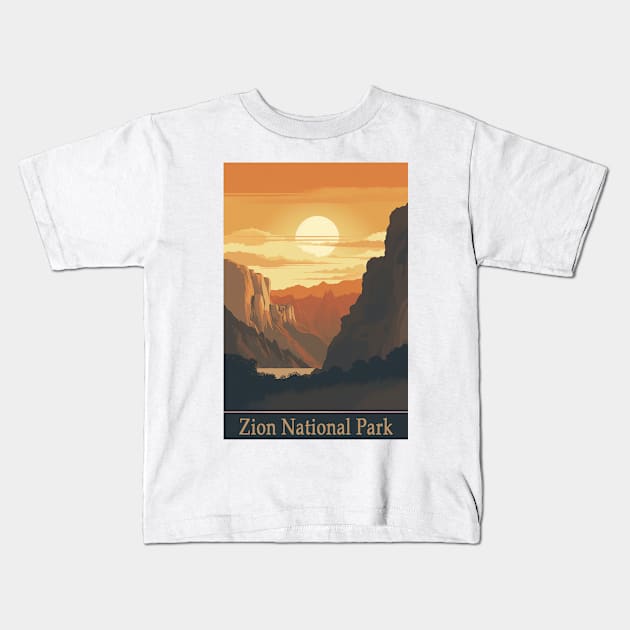 Zion National Park Vintage Travel Poster Kids T-Shirt by GreenMary Design